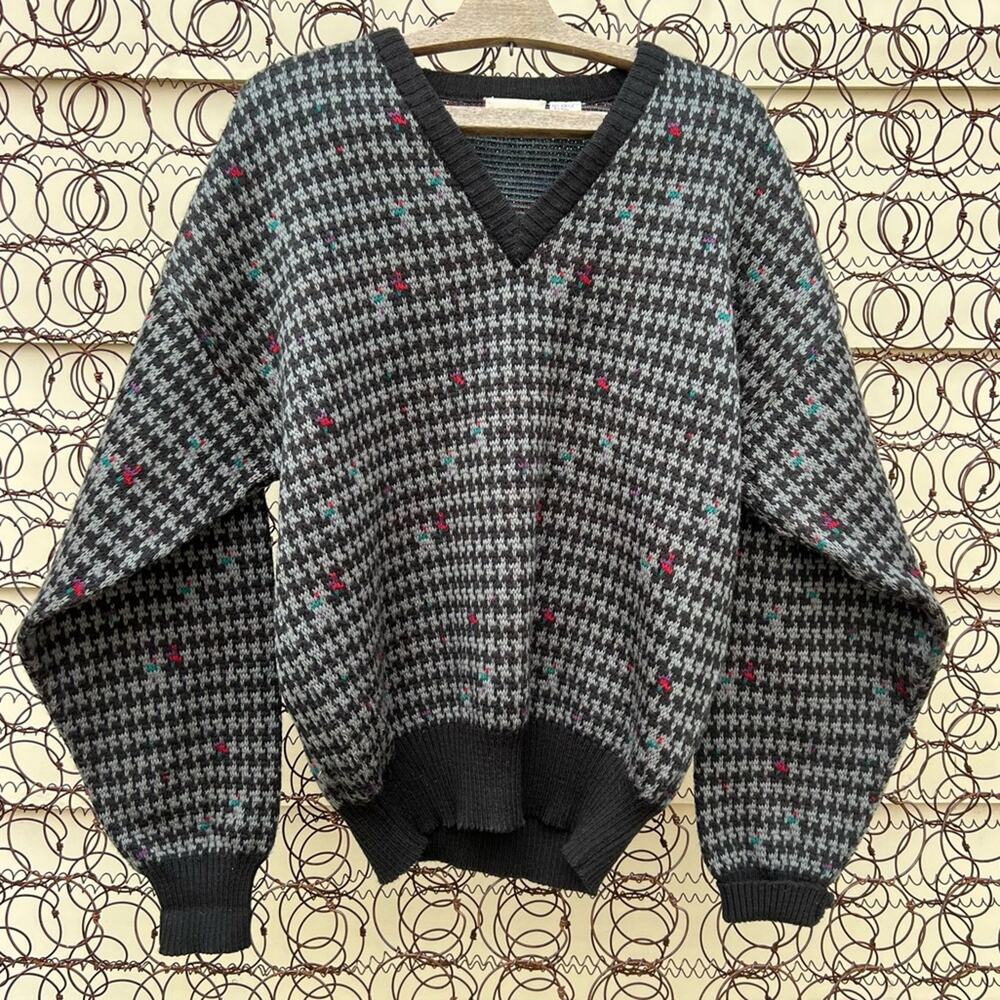 VTG 80s Boundary Waters Black Houndstooth Moody Blue Red accent Wool Blend LARGE